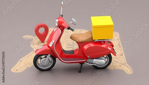 3d rendered image of A red scooter with a yellow delivery box on the back, parked on a map with a location pin icon beside