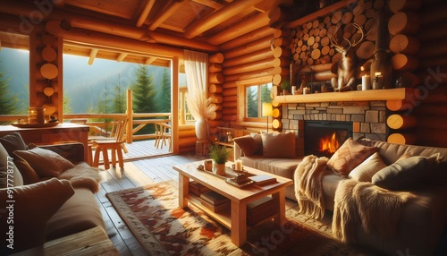 Cozy Cabin Bedroom with Large Windows Overlooking Serene Nature Scenery, Generative AI