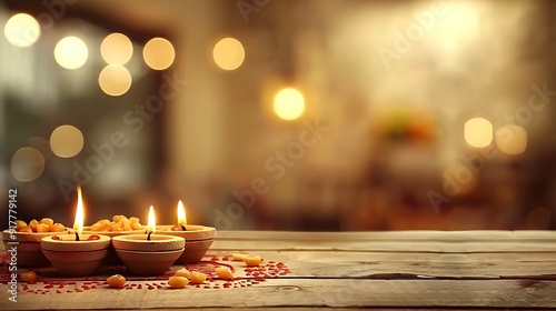 Wallpaper Mural A table decorated with glowing diyas and traditional sweets, blurred background of intricate rangoli patterns, soft ambient light, creating a warm and inviting Diwali atmosphere, colorful and vibrant, Torontodigital.ca