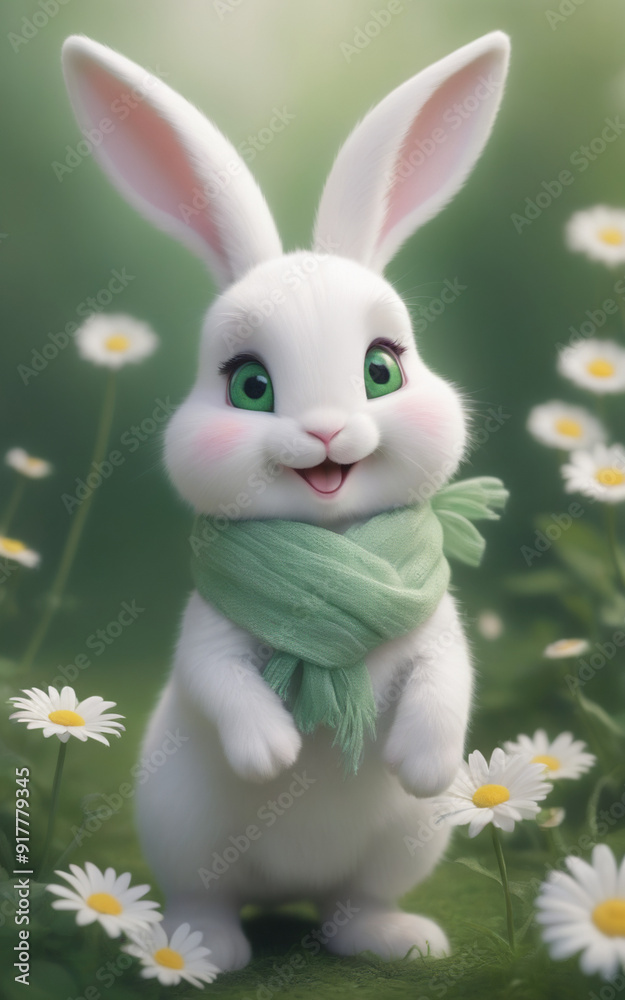 A little rabbit wearing a scarf is walking in a bright flower garden. A little rabbit wearing a scarf is walking in a bright flower garden.