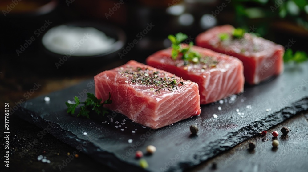 A detailed shot of fresh tuna steaks on a slate board, with marbling and texture clearly visible. A detailed shot of fresh tuna steaks on a slate board, with marbling and texture clearly visible.