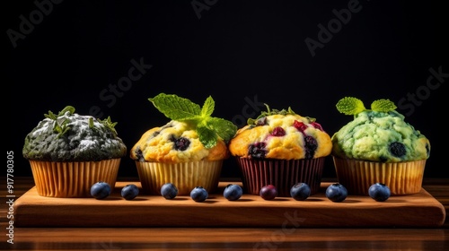 Assorted blueberry and strawberry muffins. Assorted vegan cupcakes. ai generated art image