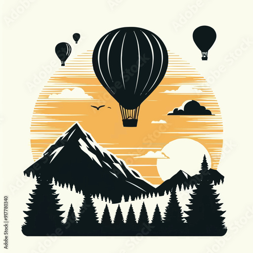 Free vector transportation hot air balloon silhouette. sunset palm tree and cloud