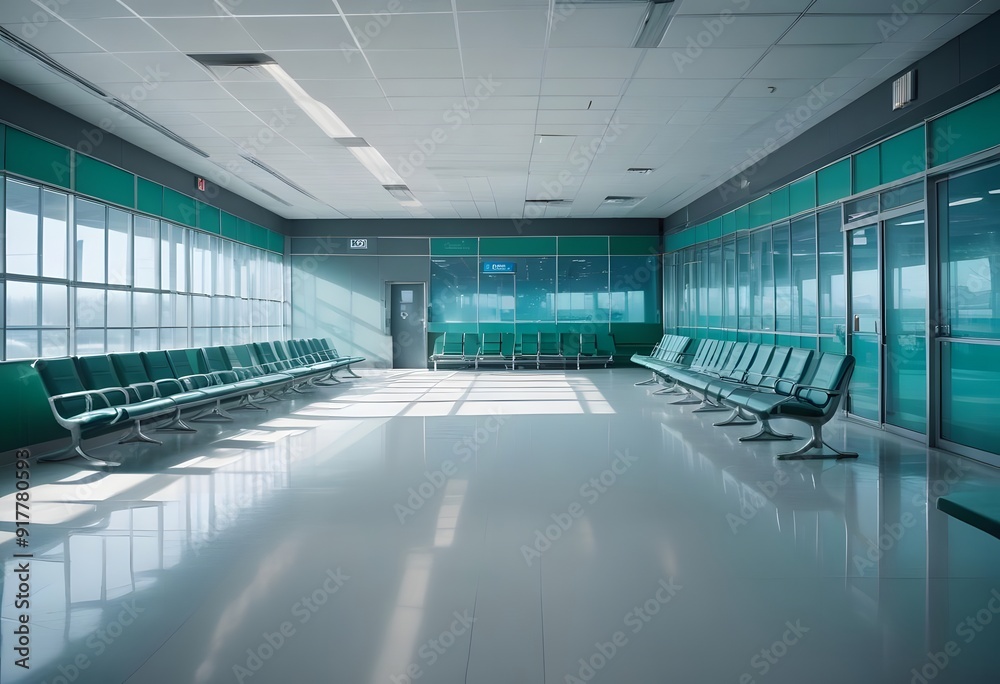 Waiting room in the airport. An empty airport terminal with rows of green leather seats, large windows, and fluorescent lighting