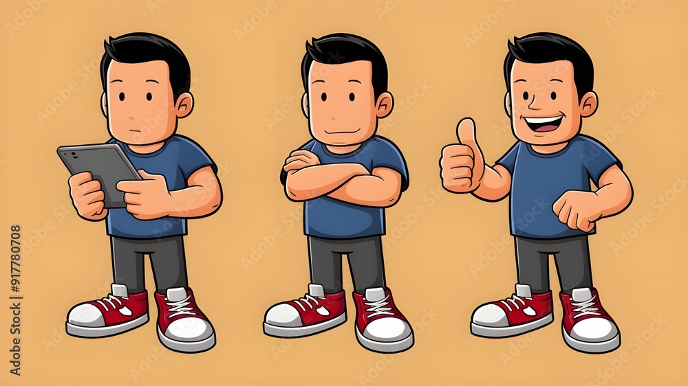 happy young man presenting a tablet or making gestures with it. Funny cartoon figure set against a white background.