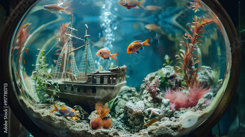 fish aquarium with miniature shipwreck photo