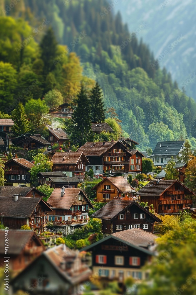 A village nestled in the mountains, with houses and trees appearing as miniatures due to the tilt-shift effect. A village nestled in the mountains, with houses and trees appearing as miniatures due to the tilt-shift effect.