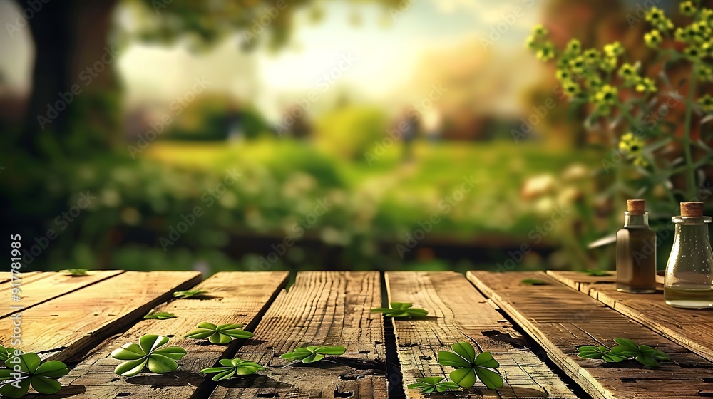 A wooden table with green shamrocks scattered, blurred background featuring a bustling pub, warm ambient light, creating a joyful and festive St. Patrick's Day setting, soft focus, lively and vibrant. A wooden table with green shamrocks scattered, blurred background featuring a bustling pub, warm ambient light, creating a joyful and festive St. Patrick's Day setting, soft focus, lively and vibrant.