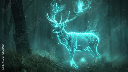 An enchanting ghost deer with glowing antlers, wandering through a spooky forest photo