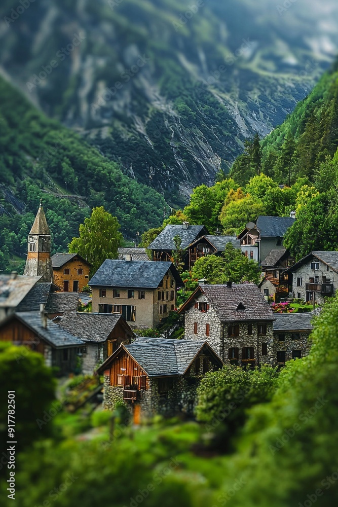 A village nestled in the mountains, with houses and trees appearing as miniatures due to the tilt-shift effect. A village nestled in the mountains, with houses and trees appearing as miniatures due to the tilt-shift effect.