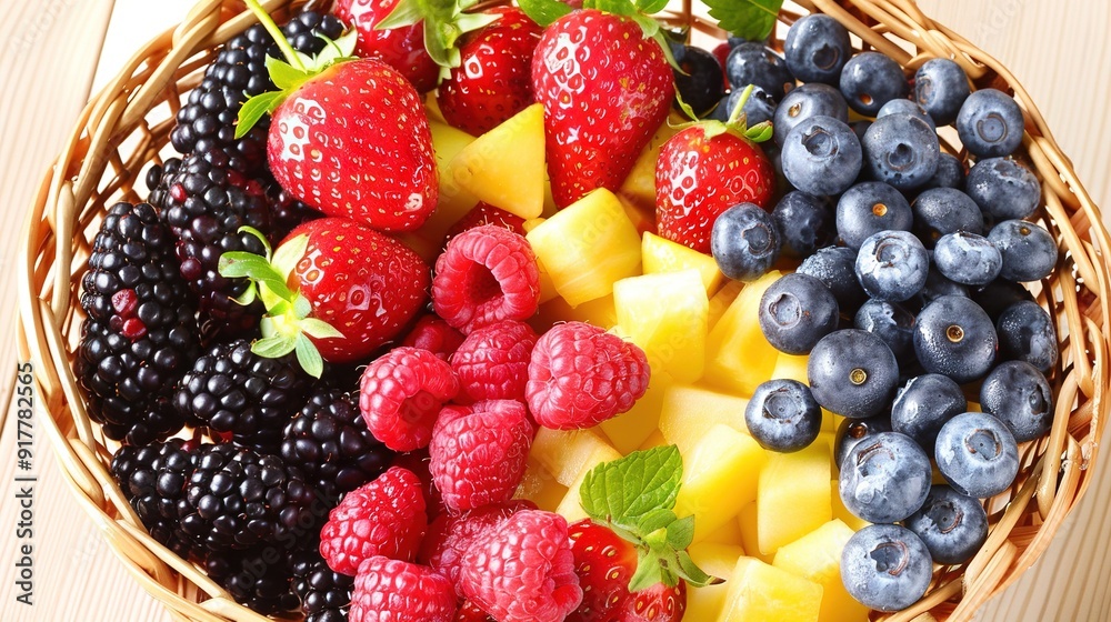 A clear image shows a basket filled with various fruits, including berries, pineapples, blueberries, and raspberries A clear image shows a basket filled with various fruits, including berries, pineapples, blueberries, and raspberries