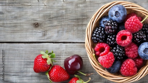   A basket of raspberries, blueberries, and plums sits on a wooden table alongside a basket of cherries