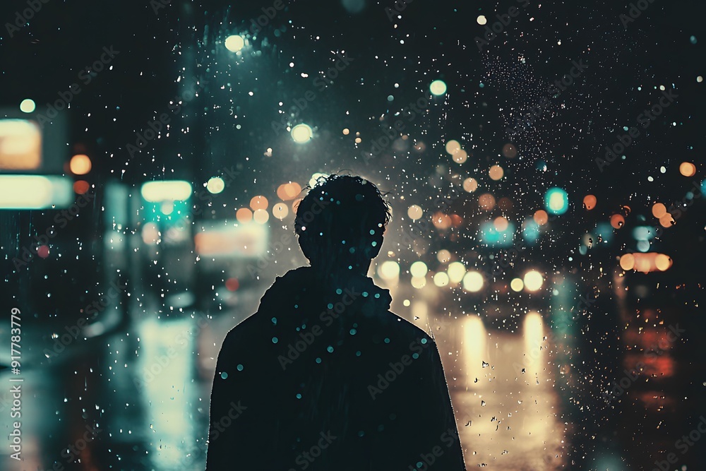Silhouetted figure standing in the rain at night, creating a moody and reflective atmosphere. Silhouetted figure standing in the rain at night, creating a moody and reflective atmosphere.