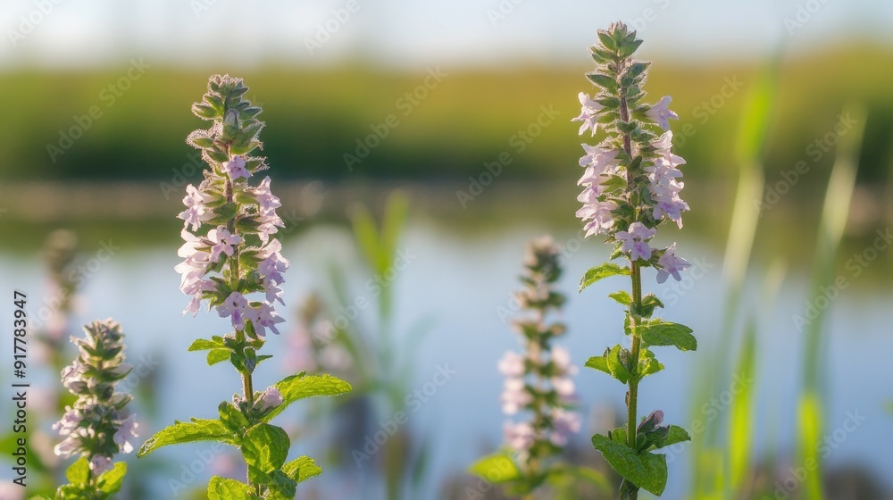 A focused view of marsh mint flowers in bloom, with blurred marshland in the background. A focused view of marsh mint flowers in bloom, with blurred marshland in the background.