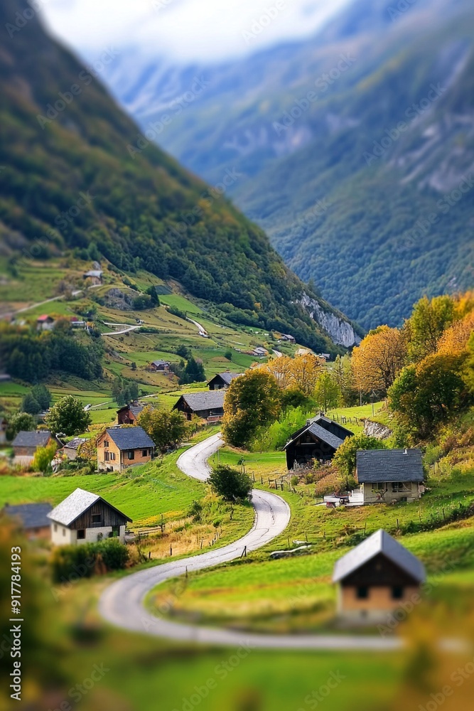Obraz premium A scenic mountain village with tiny houses and winding roads, enhanced by the tilt-shift effect. 