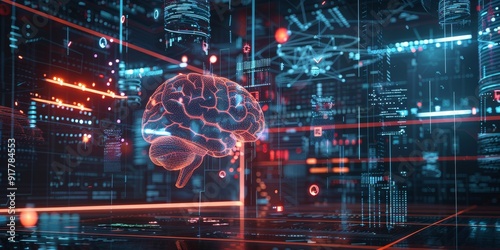 Holographic 3D brain with neural connections, surrounded by floating digital symbols and graphs, depicting advanced AI and machine learning concepts in a dark setting