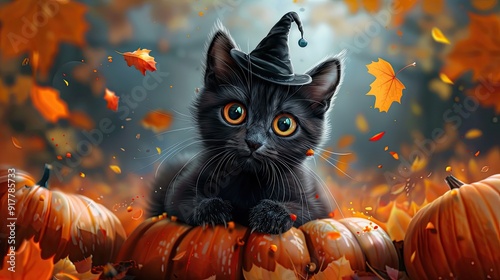 A cute black cat with glowing eyes and a tiny witch hat sitting on a pumpkin photo