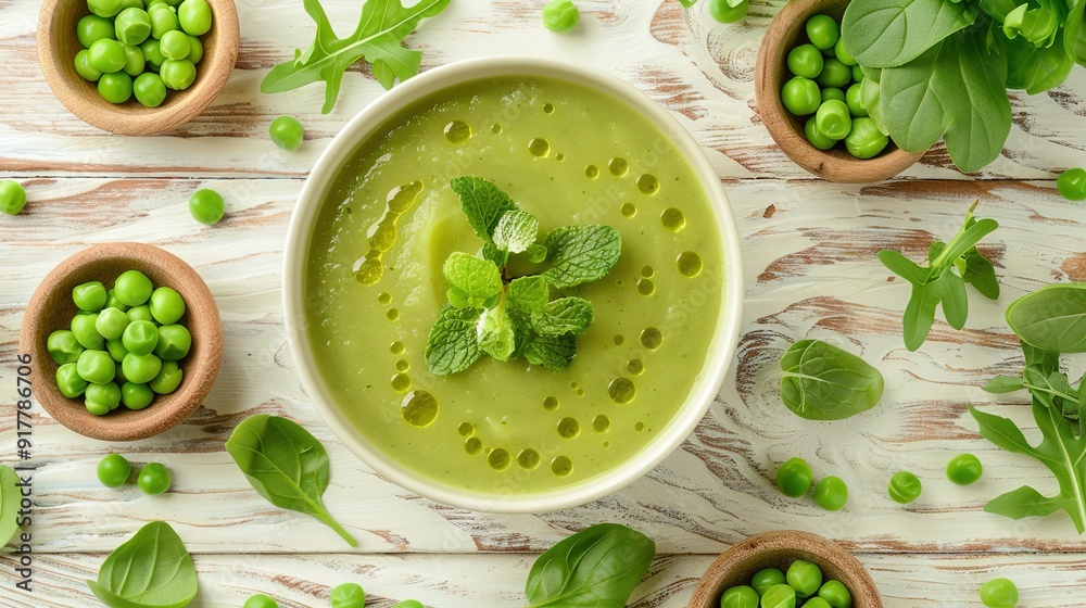 A bowl of green pea soup encircl'd by small pea pods & green leafy garnish A bowl of green pea soup encircl'd by small pea pods & green leafy garnish