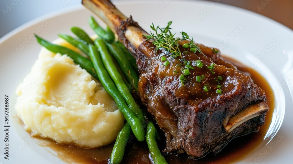 A gourmet presentation of braised lamb shank, mashed potatoes, and green beans on a white plate. A gourmet presentation of braised lamb shank, mashed potatoes, and green beans on a white plate.