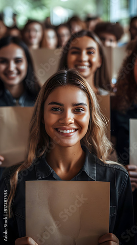 Group of people with hiring notices and happy smiles in whimsical setting, ideal for job recruitment concept in photo stock.