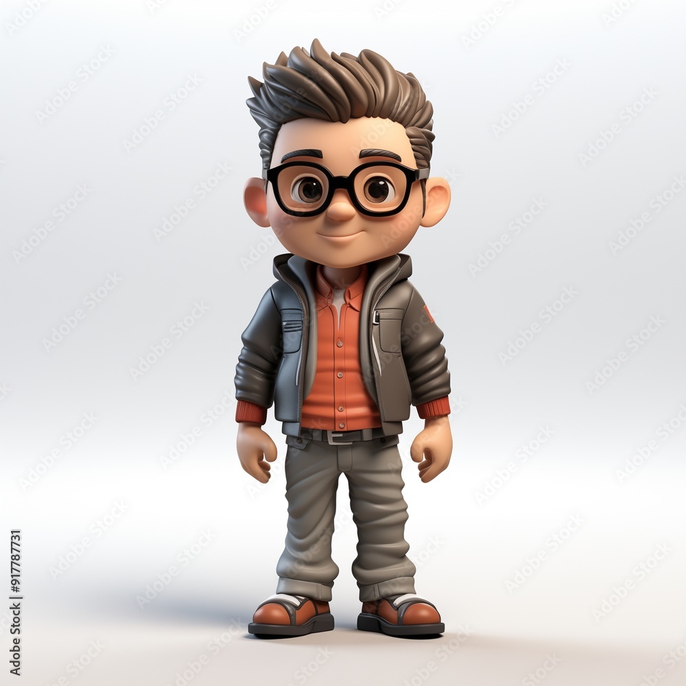 Cute 3D Illustration of a Boy with Glasses in Casual Clothes, Standing and Smiling on White Background Cute 3D Illustration of a Boy with Glasses in Casual Clothes, Standing and Smiling on White Background