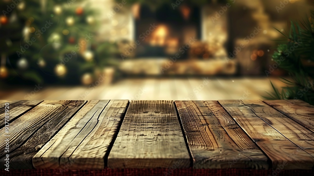 An empty wooden table with a bright red tablecloth, blurred background of a beautifully lit Christmas tree and a warm fireplace, golden glow, festive decorations, creating a joyful holiday atmosphere. An empty wooden table with a bright red tablecloth, blurred background of a beautifully lit Christmas tree and a warm fireplace, golden glow, festive decorations, creating a joyful holiday atmosphere.