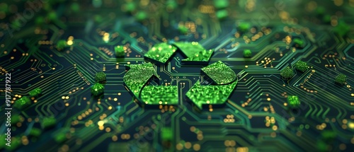 Green recycle sign on circuit board, concept of green technology, tech innovations, environment, AI generated illustration, highquality image photo