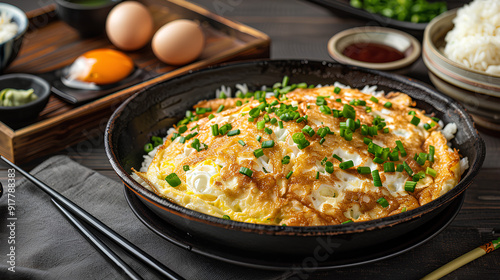 Japanese cuisine dish of rice with omelette