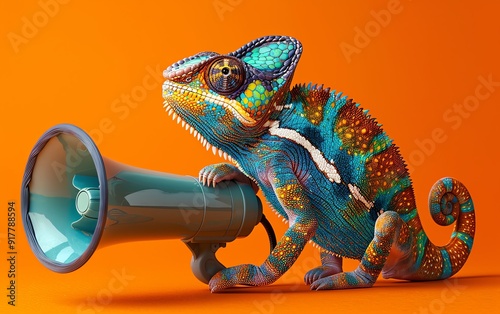 Creative announcement, vibrant chameleon with megaphone, wildlife concept, solid orange background, playful illustration