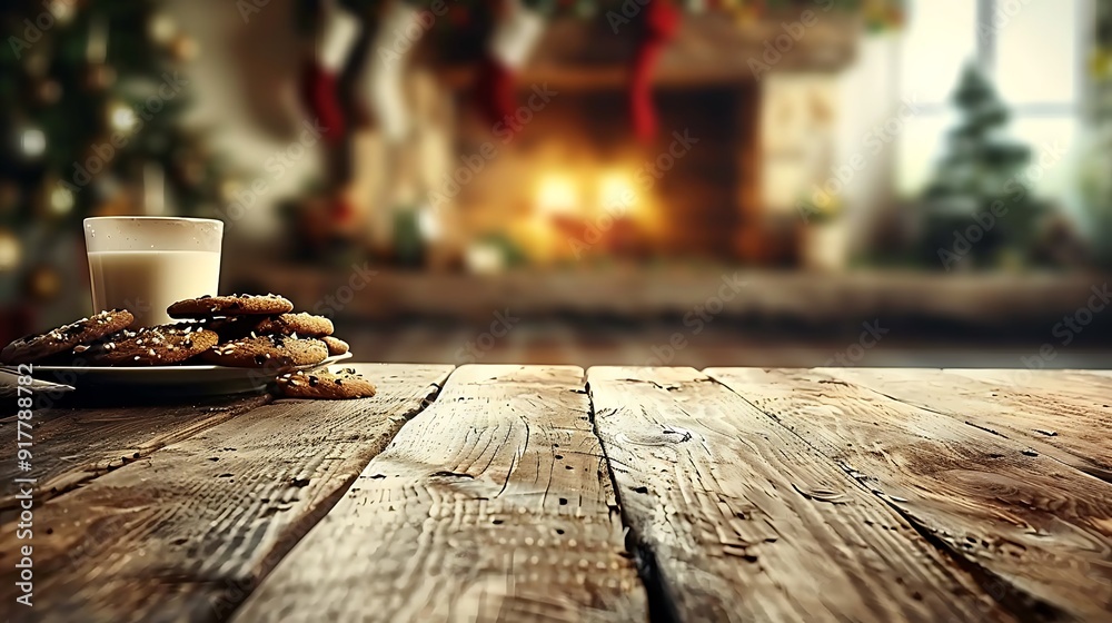 A cozy table with cookies and milk, blurred background of stockings hanging by the chimney, warm ambient light, creating a festive and inviting Christmas Eve atmosphere, soft focus, holiday cheer, A cozy table with cookies and milk, blurred background of stockings hanging by the chimney, warm ambient light, creating a festive and inviting Christmas Eve atmosphere, soft focus, holiday cheer,