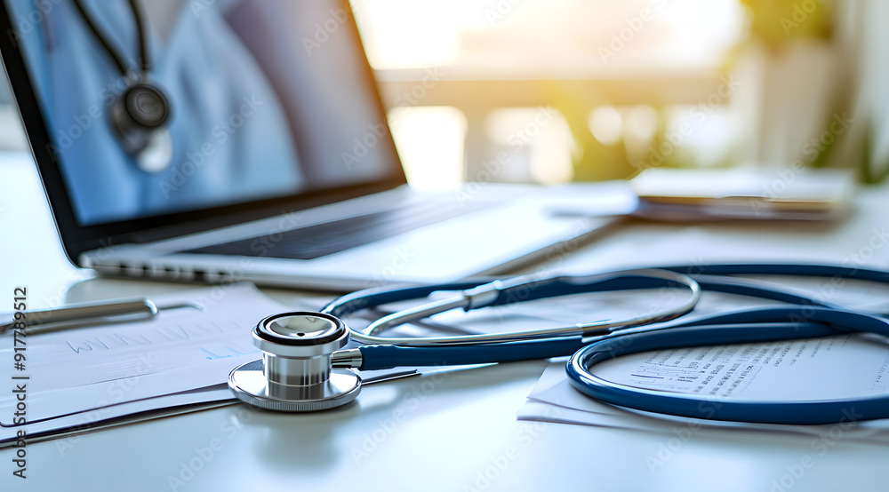 Stethoscope and Medical Documents on Desk, Laptop in Background, Bright Office with Natural Light Focusing on Healthcare Technology Stethoscope and Medical Documents on Desk, Laptop in Background, Bright Office with Natural Light Focusing on Healthcare Technology