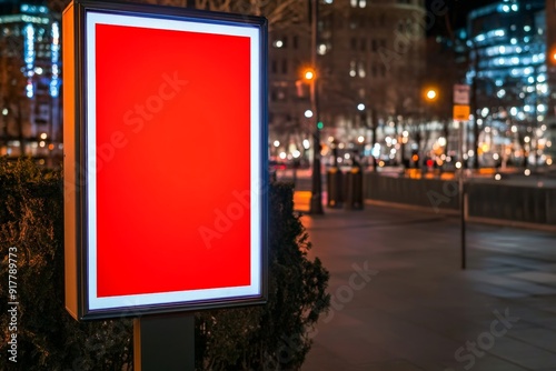 Red Illuminated Billboard In City At Night photo