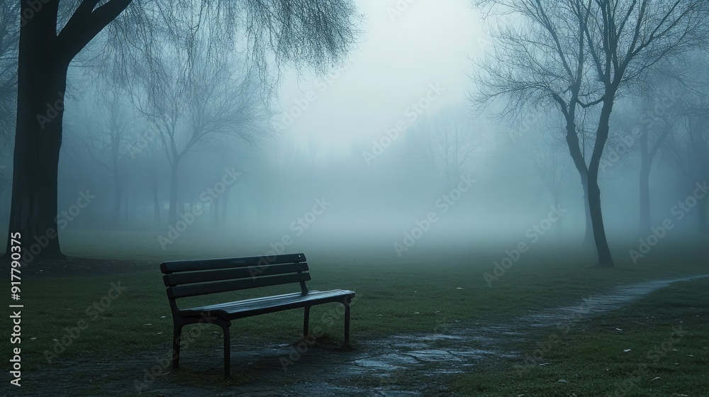 A lonely bench sits quietly in a fog-covered park, with the dense mist blurring the background.