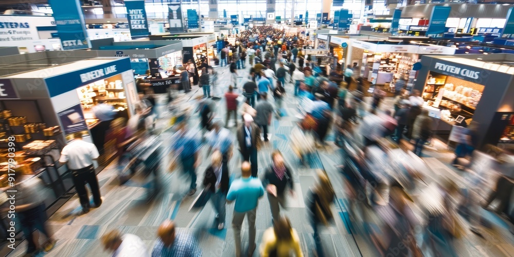 Obraz premium A busy trade show floor captured in a blur, with people moving between booths, engaging with exhibitors, and gathering information
