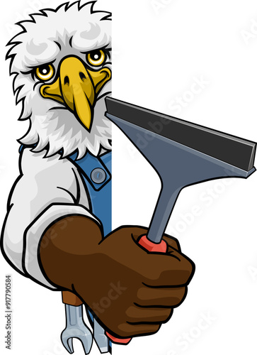 An eagle cartoon mascot car or window cleaner holding a squeegee tool peeking round a sign