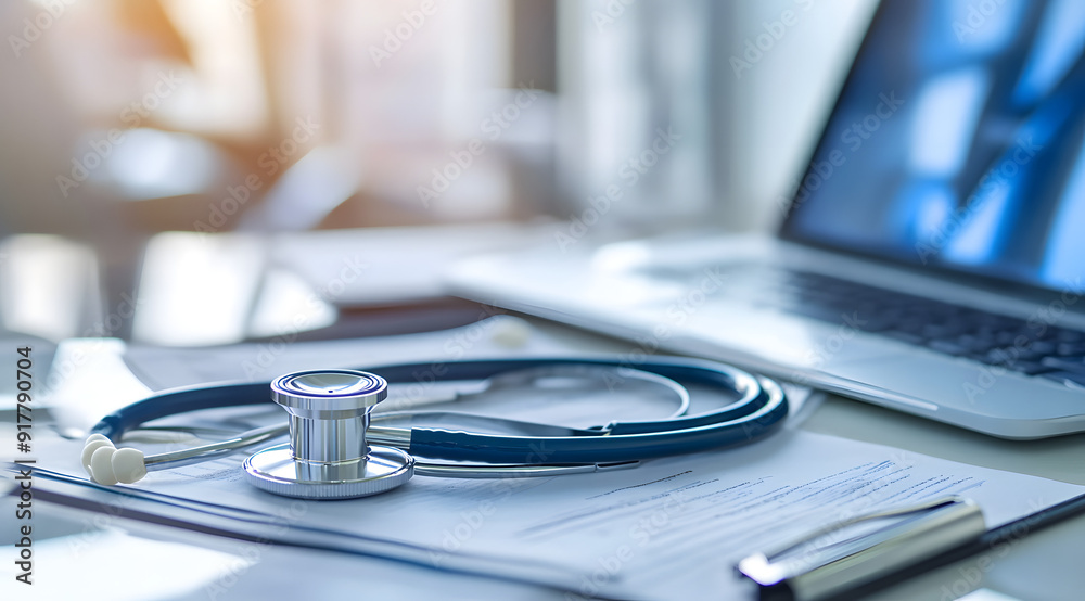 Stethoscope and Medical Documents on Desk, Laptop in Background, Bright Office with Natural Light Focusing on Healthcare Technology Stethoscope and Medical Documents on Desk, Laptop in Background, Bright Office with Natural Light Focusing on Healthcare Technology