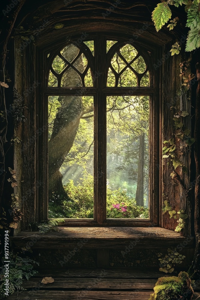Fototapeta premium A window in a whimsical fairy tale cottage, with a forest outside. 