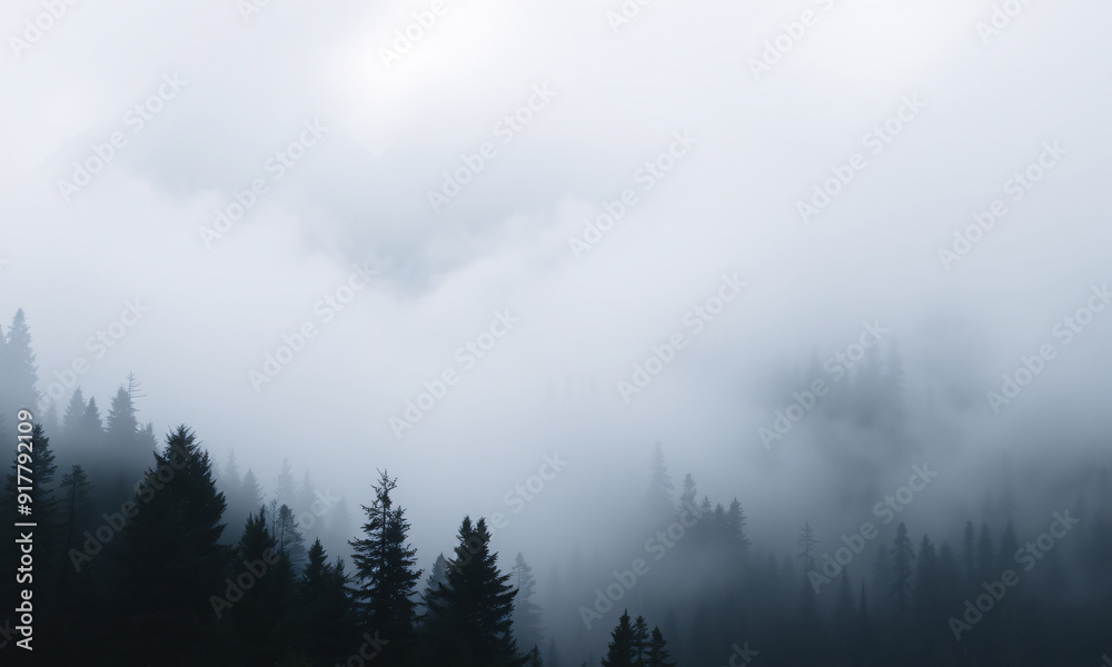 Mystic morning in a mountain forest shrouded in thick fog Mystic morning in a mountain forest shrouded in thick fog