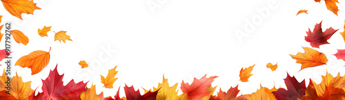 Autumn seamless transparent background with long horizontal border made of falling autumn golden, red and orange colored leaves isolated on transparent background. Hello autumn png