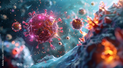 A scientific 3D visualization of a virus entering a cell and the cell's defense mechanism activating to prevent viral replication, showcasing the concept of resistance. photo