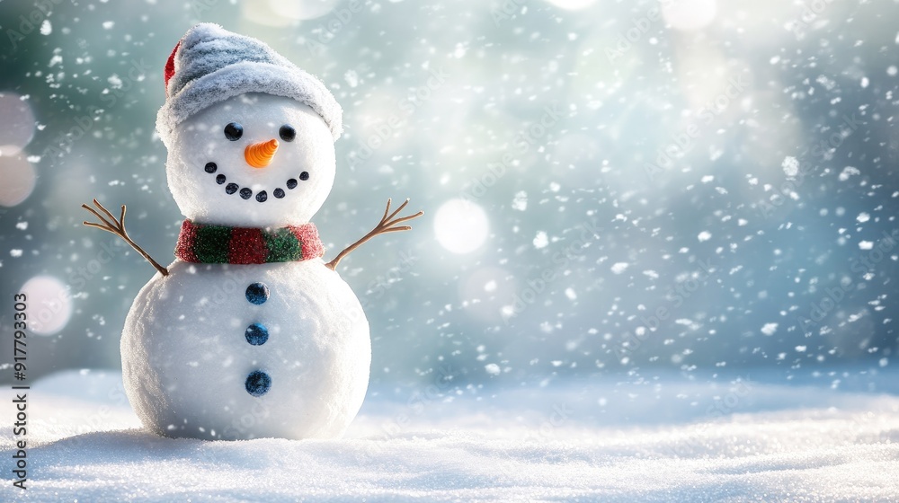 Happy snowman standing in christmas landscape. Snow background with copy space Happy snowman standing in christmas landscape. Snow background with copy space