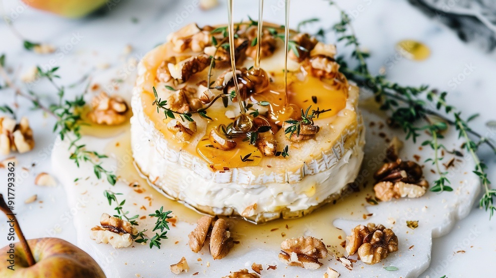 Close-up shot of cake on plate with nuts and sprig of green garnish Close-up shot of cake on plate with nuts and sprig of green garnish