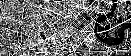 vector illustration of Ho Chi Minh or Saigon city map (Vietnam), black and white, central area, Saigon river, district 1, district 3, district 5, district 10 and Thu Thiem
