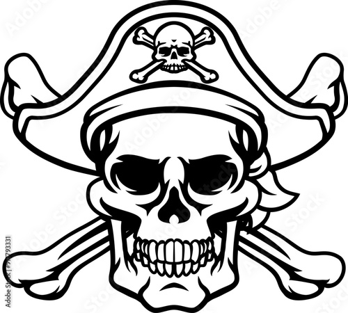 A pirate skull and crossbones jolly roger grim reaper cartoon wearing captain a hat and eye patch