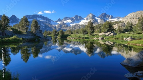 A tranquil alpine lake reflecting snow-capped mountains and pine trees, with a clear blue sky above