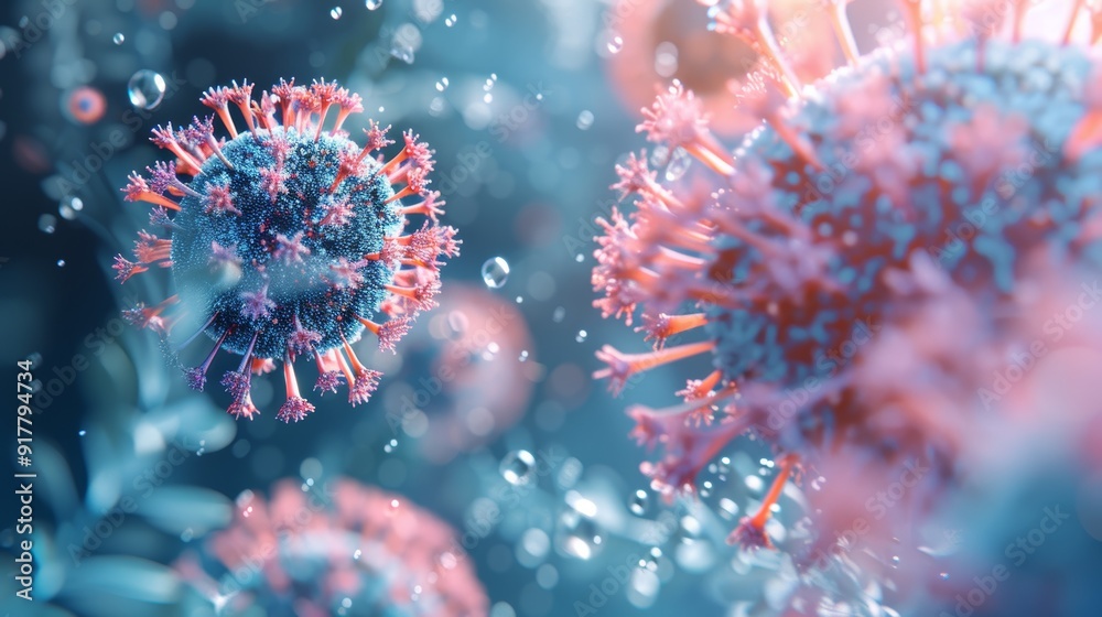 A realistic 3D illustration of a virus particle with intricate details, highlighting its structure during an epidemic outbreak. A realistic 3D illustration of a virus particle with intricate details, highlighting its structure during an epidemic outbreak.