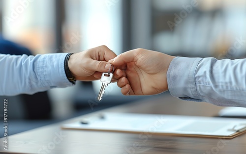 Closeup of a landlord giving keys to a new tenant, fresh lease agreement, bright and modern living room