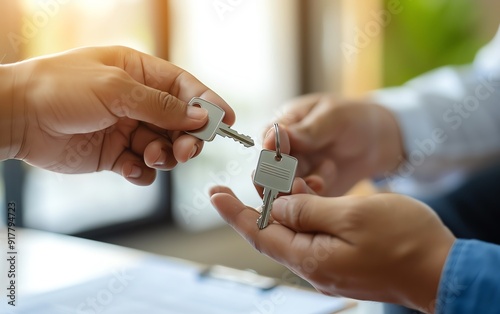 Closeup of a landlord giving keys to a new tenant, fresh lease agreement, bright and modern living room photo