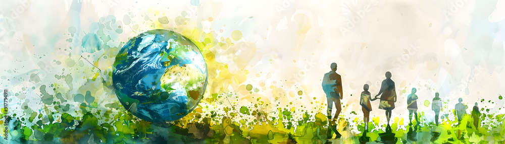Naklejka premium Photo realistic image of people analyzing watercolor earth and climate change charts in a creative setting. Ideal for environmental awareness designs. Photo stock concept.