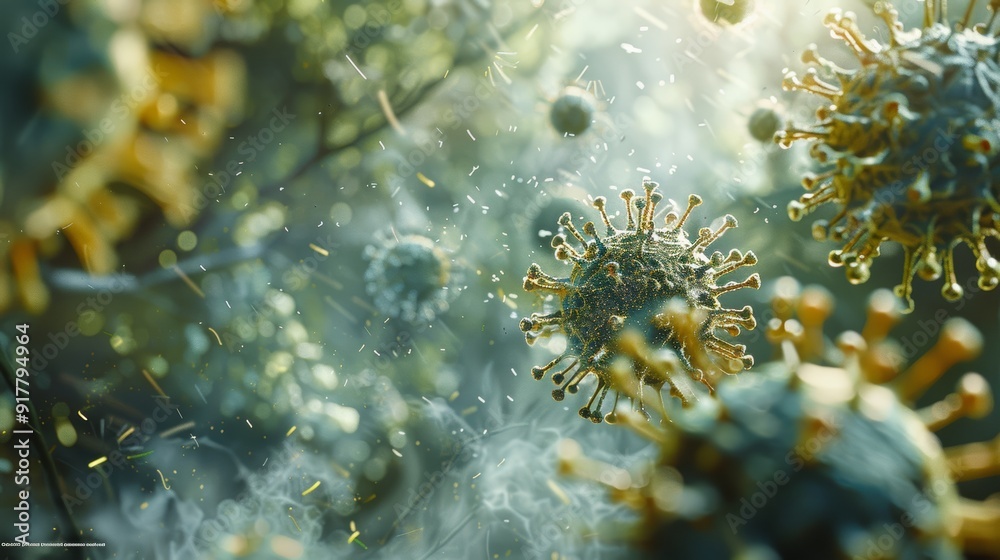 A detailed 3D illustration of a virus particle disintegrating upon contact with a vaccine, representing the eradication of the virus.